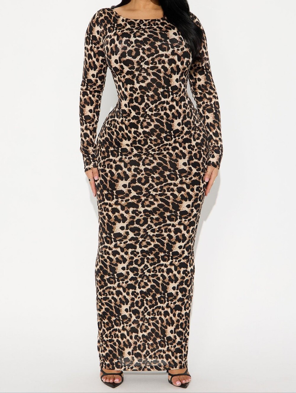 Long Sleeve Leopard Print Maxi Dress - Beige/Black